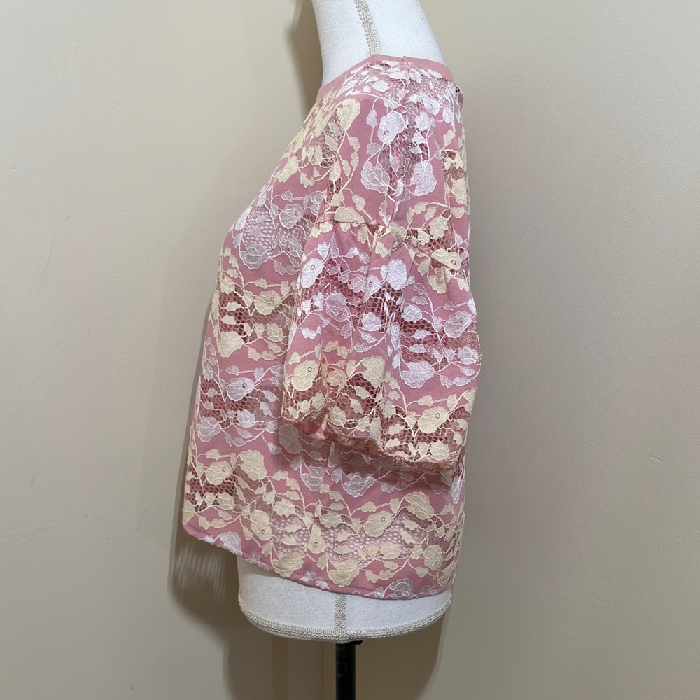 ZARA Lace Floral Crop Blouse Pink White Women Medium Boho Feminine Top - Picture 3 of 7